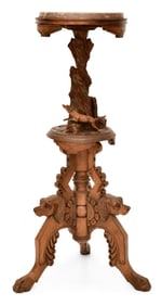 Carved Walnut Marble-Top Pedestal with Dogs