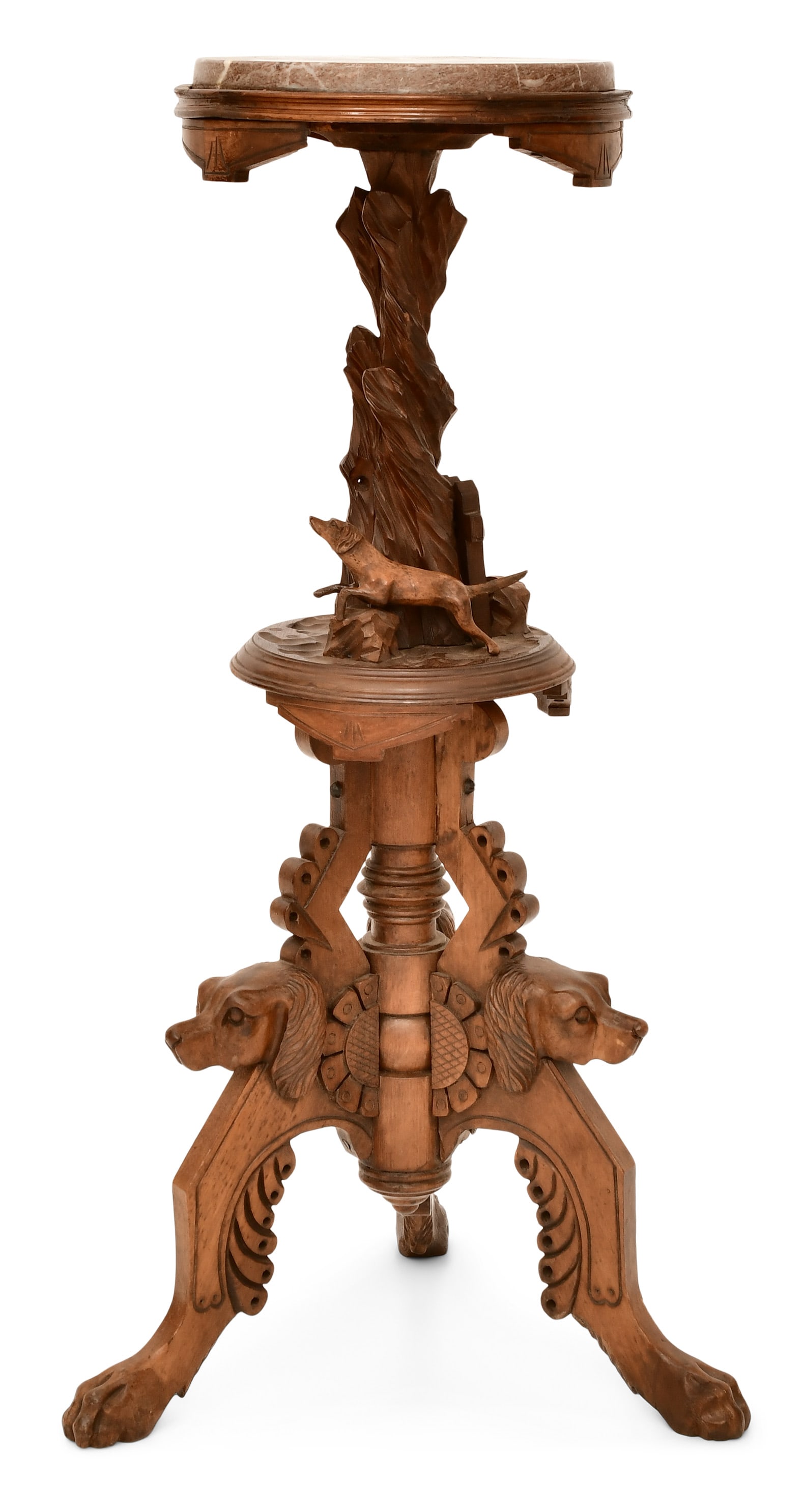 Carved Walnut Marble-Top Pedestal with Dogs: Carved Walnut Marble-Top Pedestal with Dogscirca 190036 x 18 x 16 inchesProvenance: Private Collection, Boston, Massachusetts
