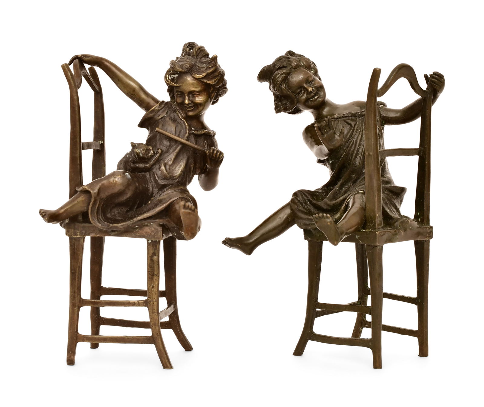Franz Iffland (German, 1862-1935), Bronze Sculptures of Girls Playing in Chairs: Franz Iffland(German, 1862-1935)Sculptures of Girls Playing in Chairspatinated bronzeeach signed "F. Iffland, Paris"8 1/2 x 5 1/4 x 4 3/4 inchesOther Notes: Fontaine's Auction Gallery can arrange