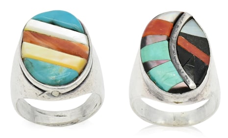 Two Sterling Silver & Turquoise Inlayed Rings