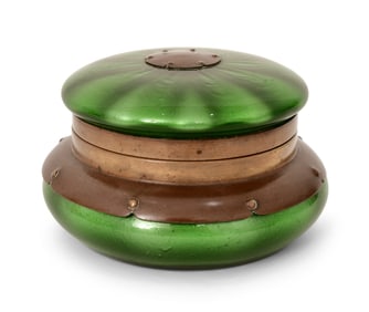 American Arts & Crafts Bronze & Green Glass Powder Jar