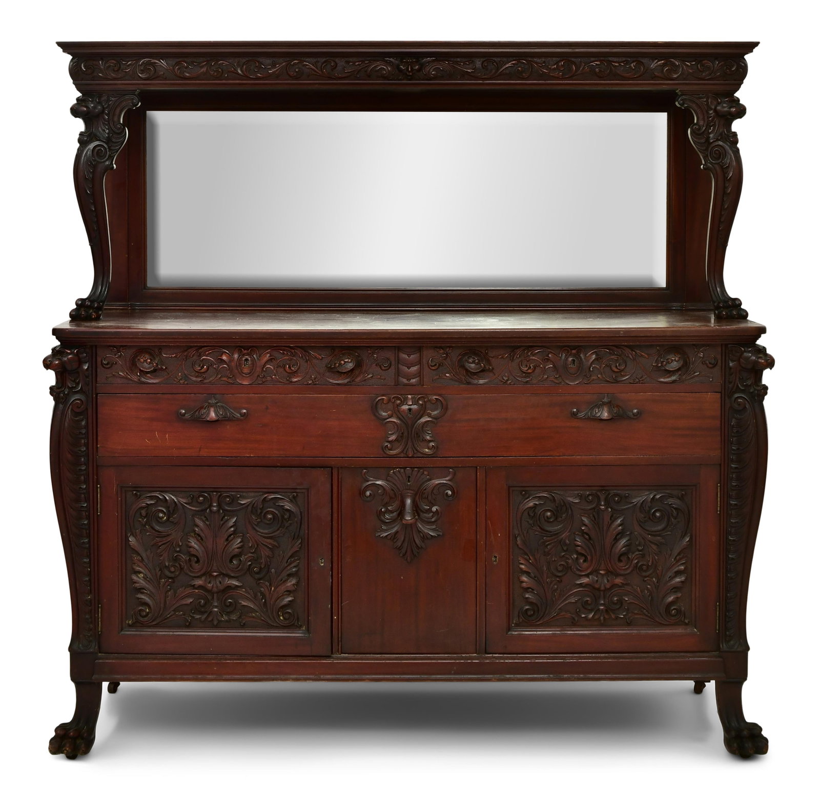 R.J. Horner & Co. Mahogany Sideboard with Griffins: R.J. Horner & Co. (New York, 1886-1915) Sideboard with Griffins circa 1890 carved mahogany, beveled glass 63 1/2 x 64 x 25 inches Provenance: Private Collection, Boston, Massachusetts