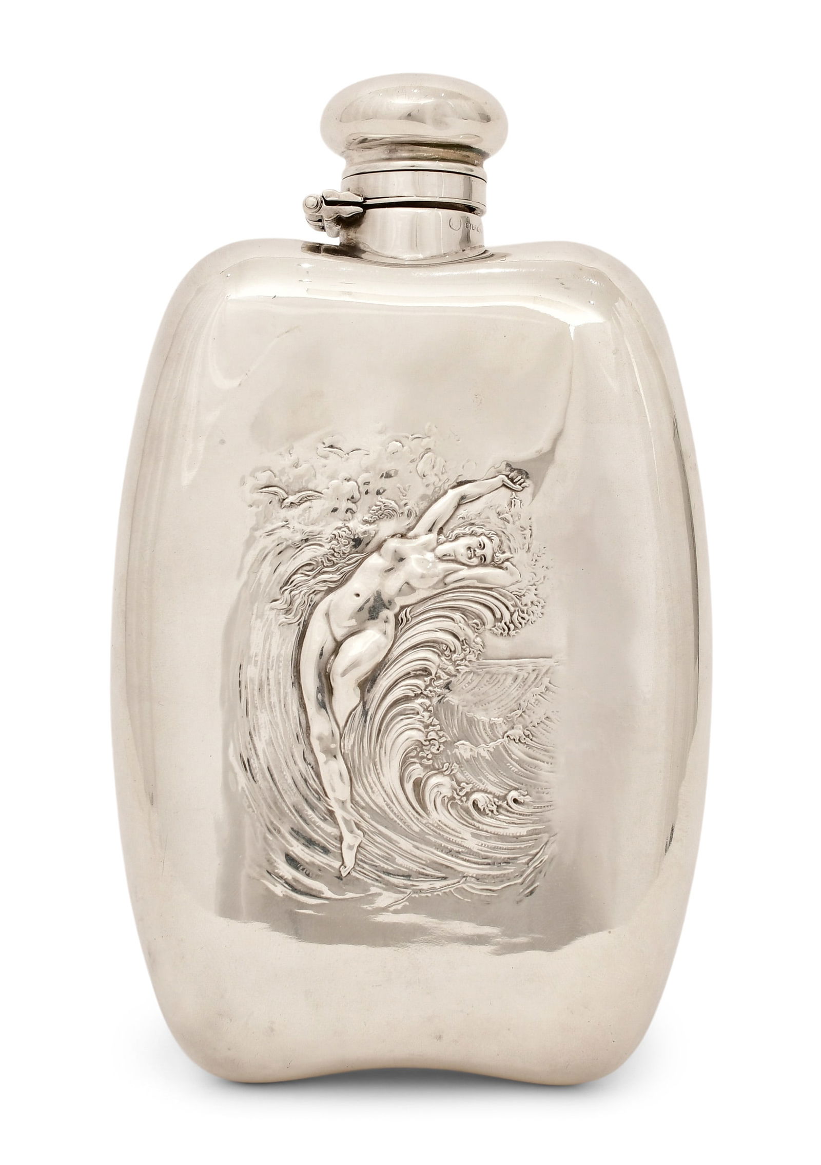 American Art Nouveau Sterling Silver Flask: American Art Nouveau Sterling Silver Flaskearly 20th centurymarked "Sterling, Fine"6 1/4 x 6 x 1 1/4 inches6.08 troy ouncesOther Notes: Fontaine's Auction Gallery can arrange shipping for this item (U