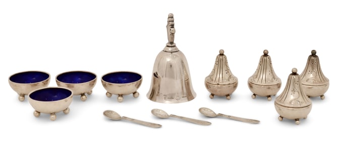 Georg Jensen Sterling Silver, Four Salts & Peppers, Three Spoons & Bell