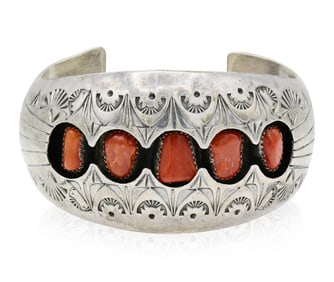 Pauline Benally Sterling Silver & Red Coral Cuff Bracelet