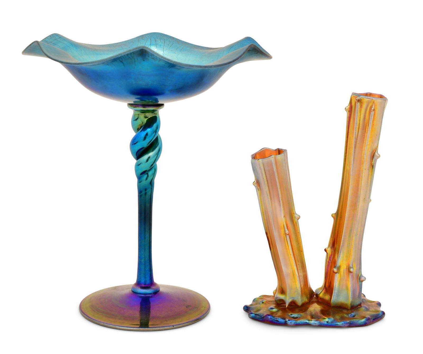 Steuben Aurene Glass Tazza & Tree Trunk-Form Vase: Steuben Glass Works(Corning, NY, founded 1903)Tazza & Tree Trunk-Form Vasecirca 1920aurene art glasseach marked to the underside7 3/4 x 6 3/4 inches (tazza)6 1/2 x 3 3/4 x 2 1/2 inches (vase)
