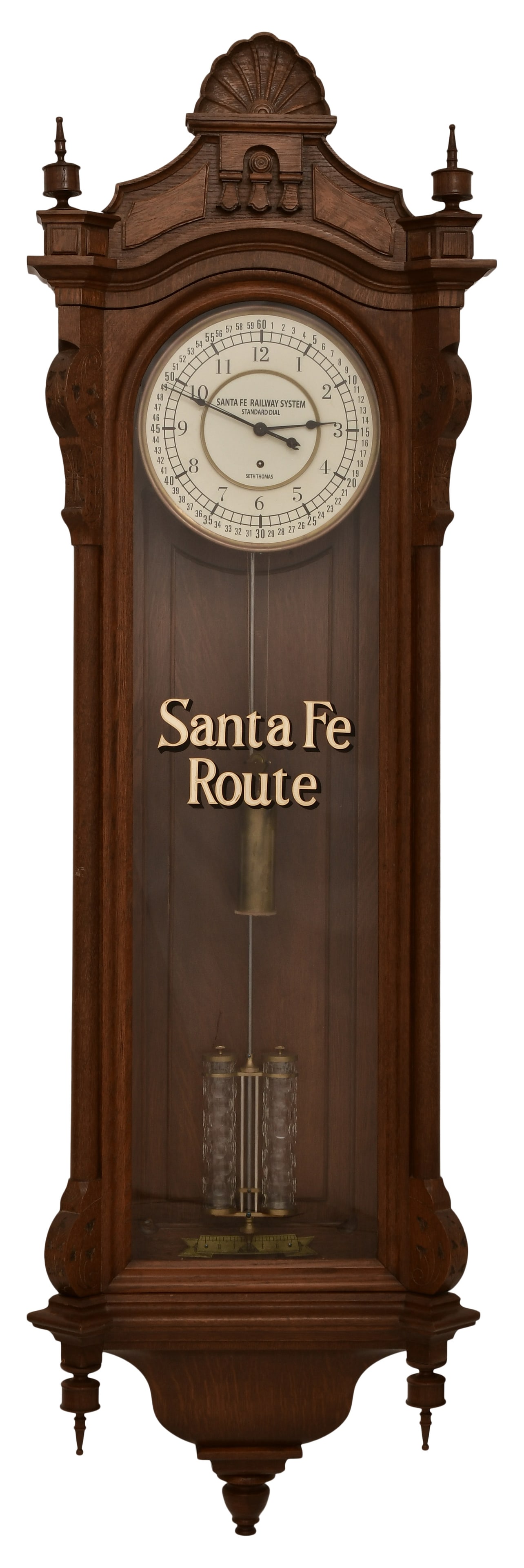 Seth Thomas "Regulator No. 19" Wall Clock, Santa Fe Railway System: Seth Thomas "Regulator No. 19" Wall Clock, Santa Fe Railway Systemcirca 1880'soak case, 8-day weight-driven movement with maintaining power, deadbeat escapement, two jar mercurial pendulum and sweep s