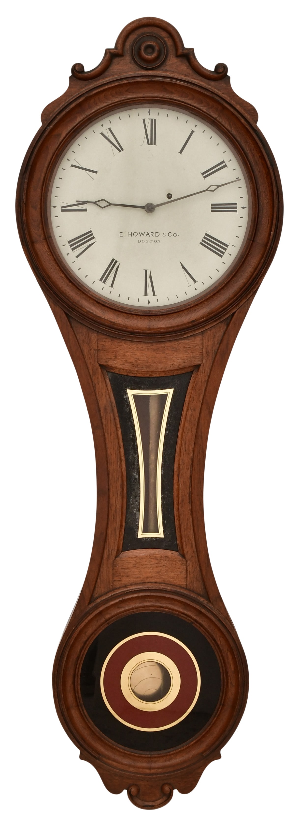 E. Howard & Co. No. 7 "Figure Eight" Wall Clock: E. Howard & Co. No. 7 "Figure Eight" Wall Clocklate 19th centurywalnut case with reverse painted tablets, 8-day weight-driven movement with recoil escapement, dial and movement marked "E. Howard & Co.