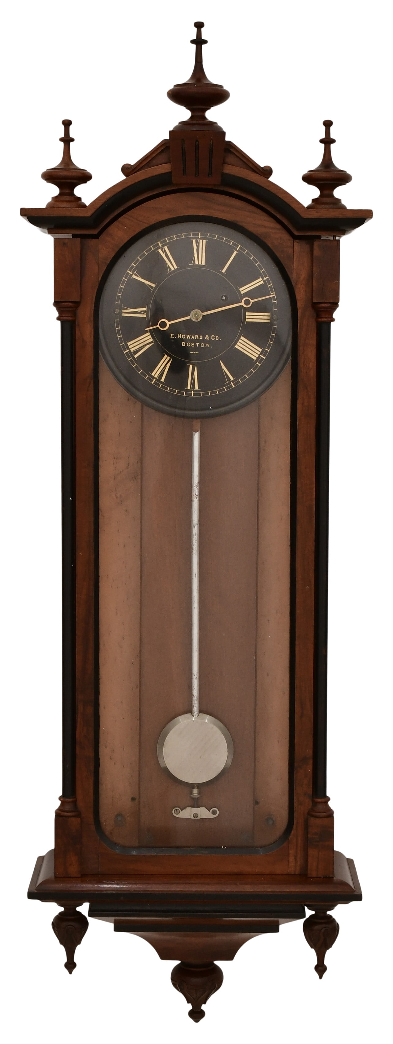 E. Howard & Co. "No. 59-3 Regulator" Wall Clock: E. Howard & Co. "No. 59-3 Regulator" Wall Clocklate 19th centurywalnut case with ebonized trim, 8-inch dial, 8-day brass weight driven time only movement, dial and movement marked "E. Howard & Co., Bo