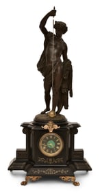 French Patinated Metal, Malachite & Black Marble Conical Pendulum Mystery Clock