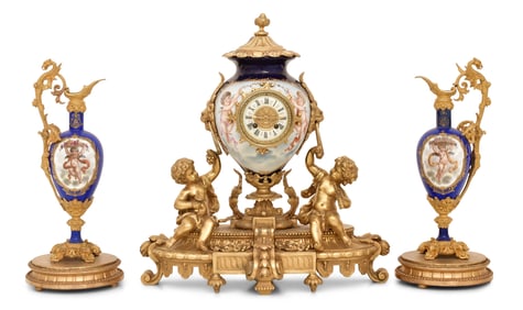 French Gilt Bronze-Mounted Porcelain Clock Garniture