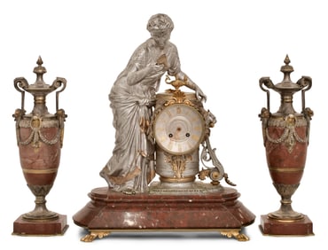 French Silvered Bronze & Rouge Marble Clock Garniture
