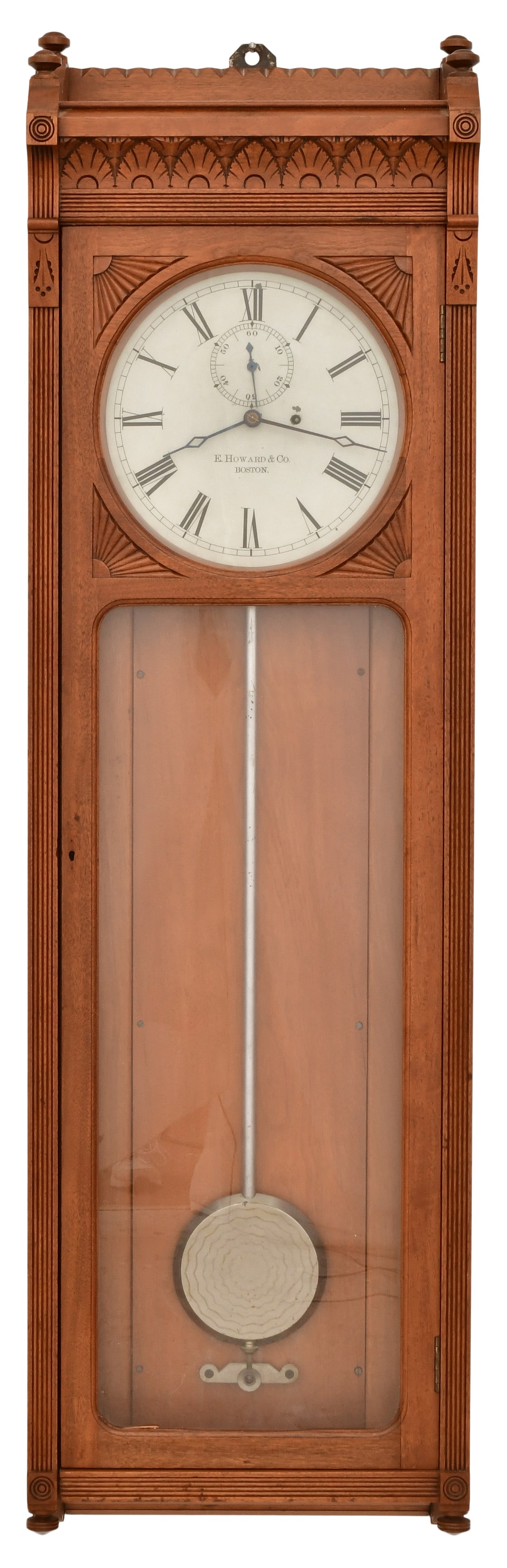 E. Howard & Co. "No. 72-2 Regulator" Wall Clock: E. Howard & Co. "No. 72-2 Regulator" Wall Clocklate 19th centurywalnut case, brass 8-day weight-driven time-only movement, 12-inch dial with black Roman hour numerals, sub seconds and blued pierced di