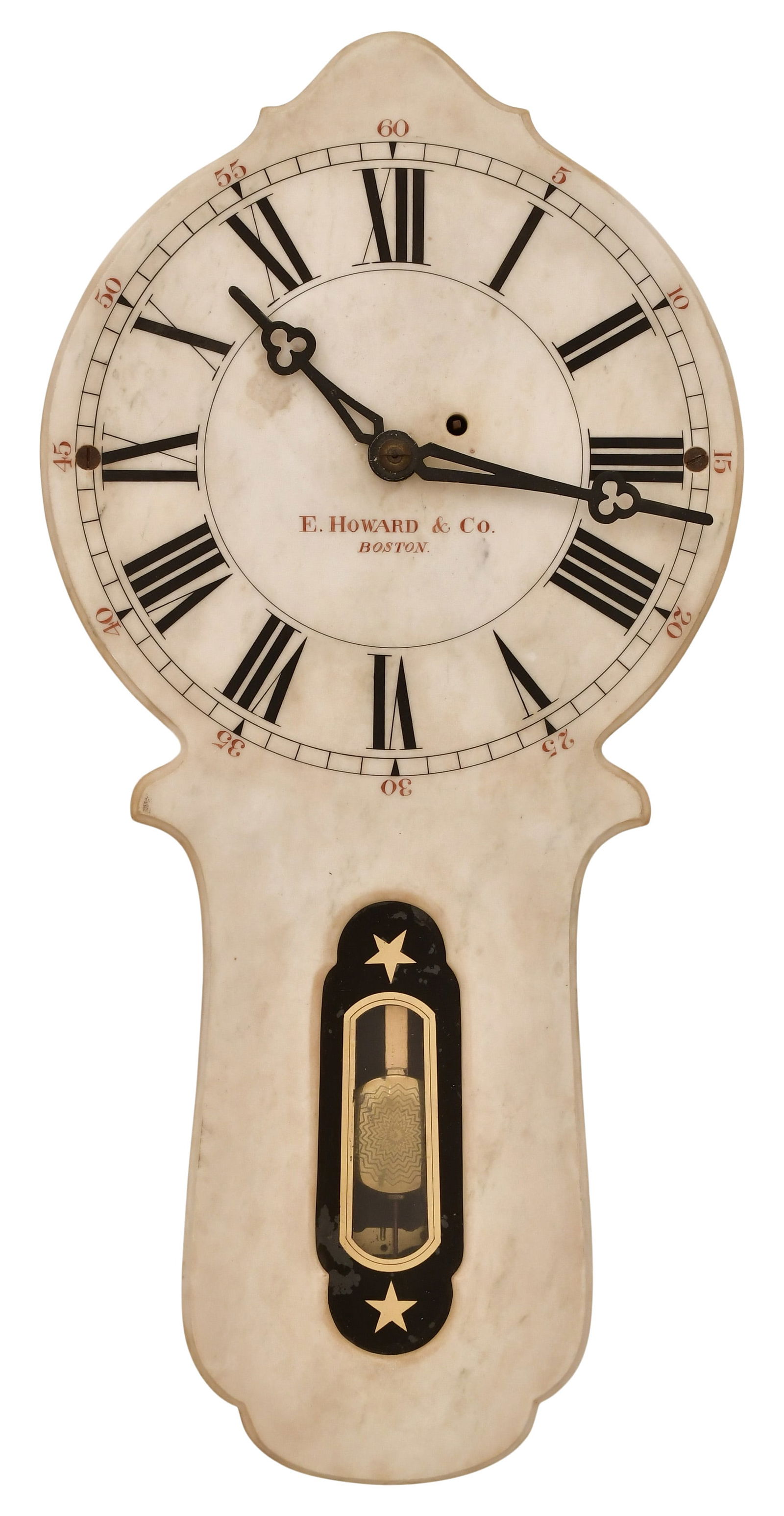 E. Howard & Co. No. 28 Marble Dial Wall Clock: E. Howard & Co. No. 28 Marble Dial Wall Clocklate 19th centurybrass 8-day time-only weight-driven movement, dial and movement signed "E. Howard & Co., Boston"30 x 14 3/4 x 4 inchesProvenance: Private