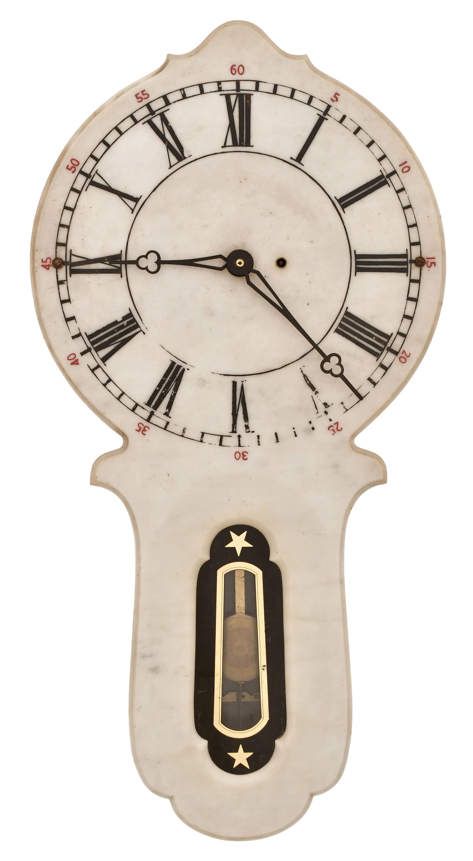 E. Howard & Co. No. 27 Marble Dial Wall Clock: E. Howard & Co. No. 27 Marble Dial Wall Clocklate 19th centurybrass 8-day time-only weight-driven movement, movement signed by the maker35 1/2 x 18 x 5 inchesProvenance: Private Collection, New York