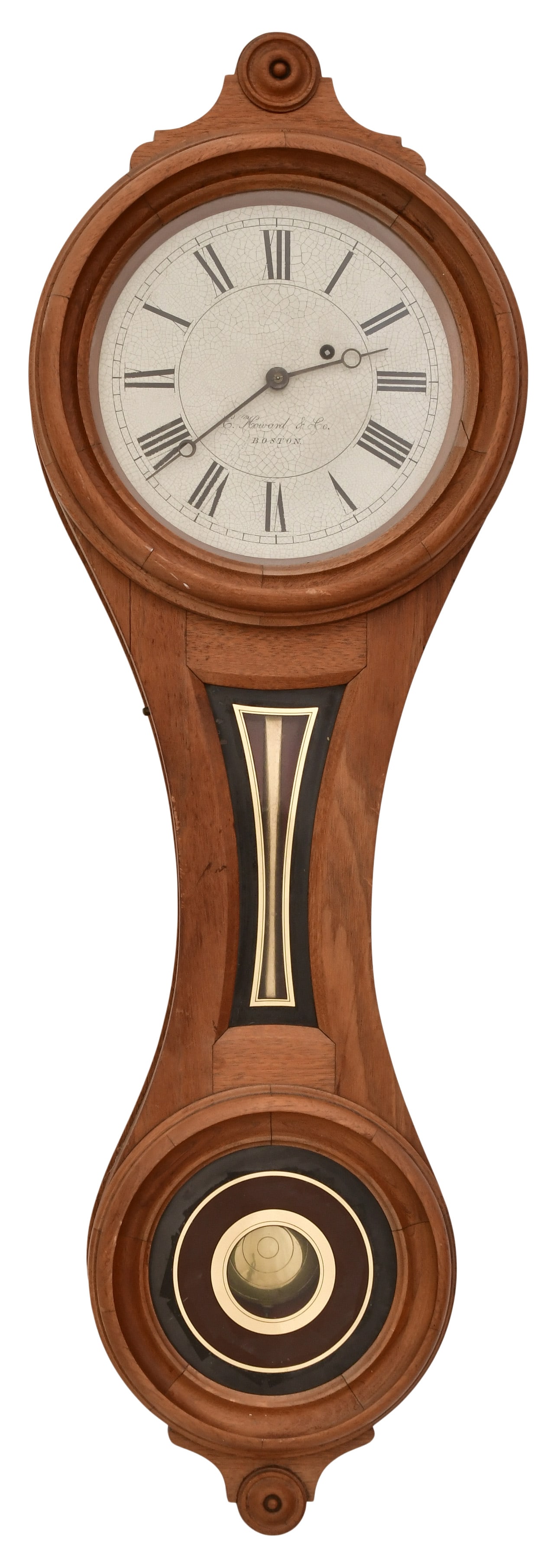 E. Howard & Co. No. 9 "Figure Eight" Wall Clock: E. Howard & Co. No. 9 "Figure Eight" Wall Clocklate 19th centurywalnut case with reverse painted tablets and 9 inch painted dial, 8-day brass weight-driven movement with anchor escapement, signed on t