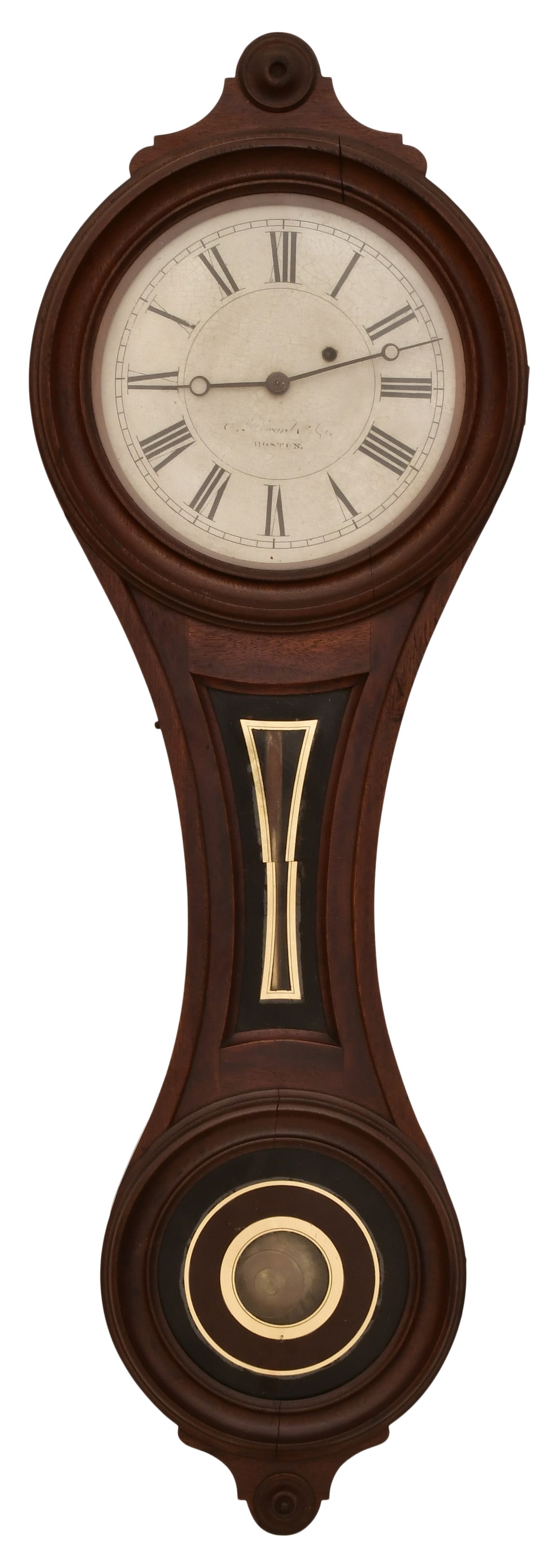 E. Howard & Co. No. 9 "Figure Eight" Wall Clock: E. Howard & Co. No. 9 "Figure Eight" Wall Clocklate 19th centurywalnut case with reverse painted tablets and 9-inch painted dial, 8-day brass weight-driven movement with anchor escapement, signed on t