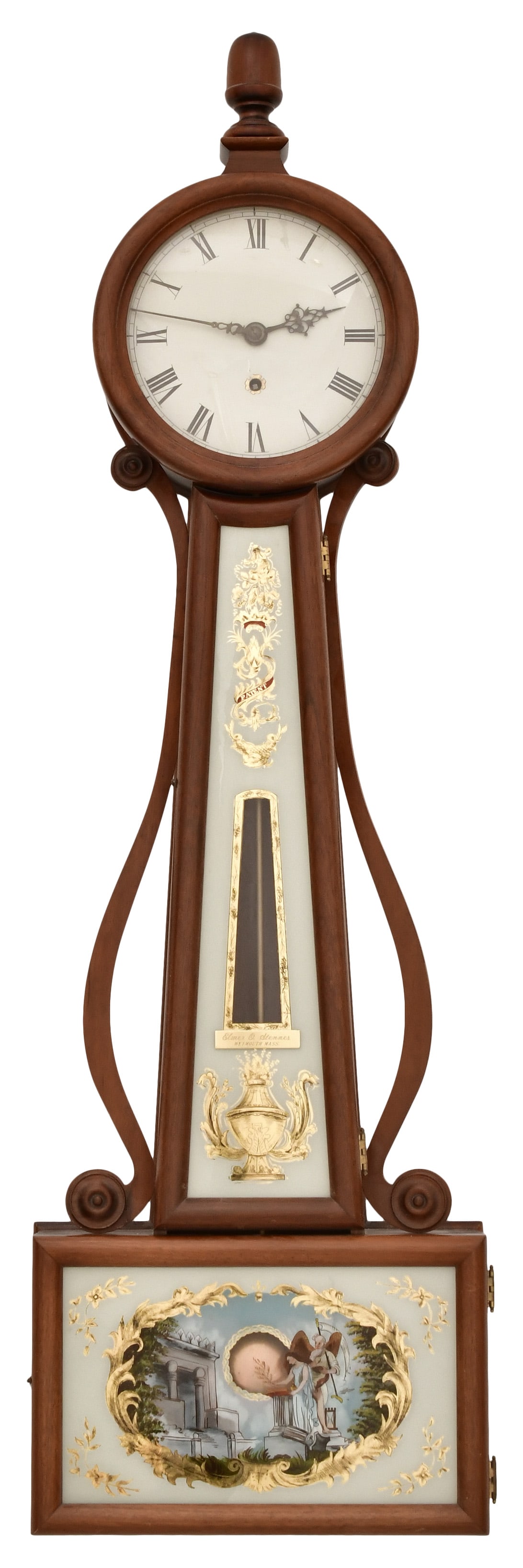 Elmer O. Stennes No. 1 Size Banjo Clock: Elmer O. Stennes No. 1 Size Banjo Clockmid-20th centurywalnut case with reverse painted tablets and wood side arms, 8-day brass weight driven time only movement, signed on the frame and throat glass55