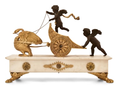 French Empire-Style Gilt Bronze & Marble Chariot Mantel Clock