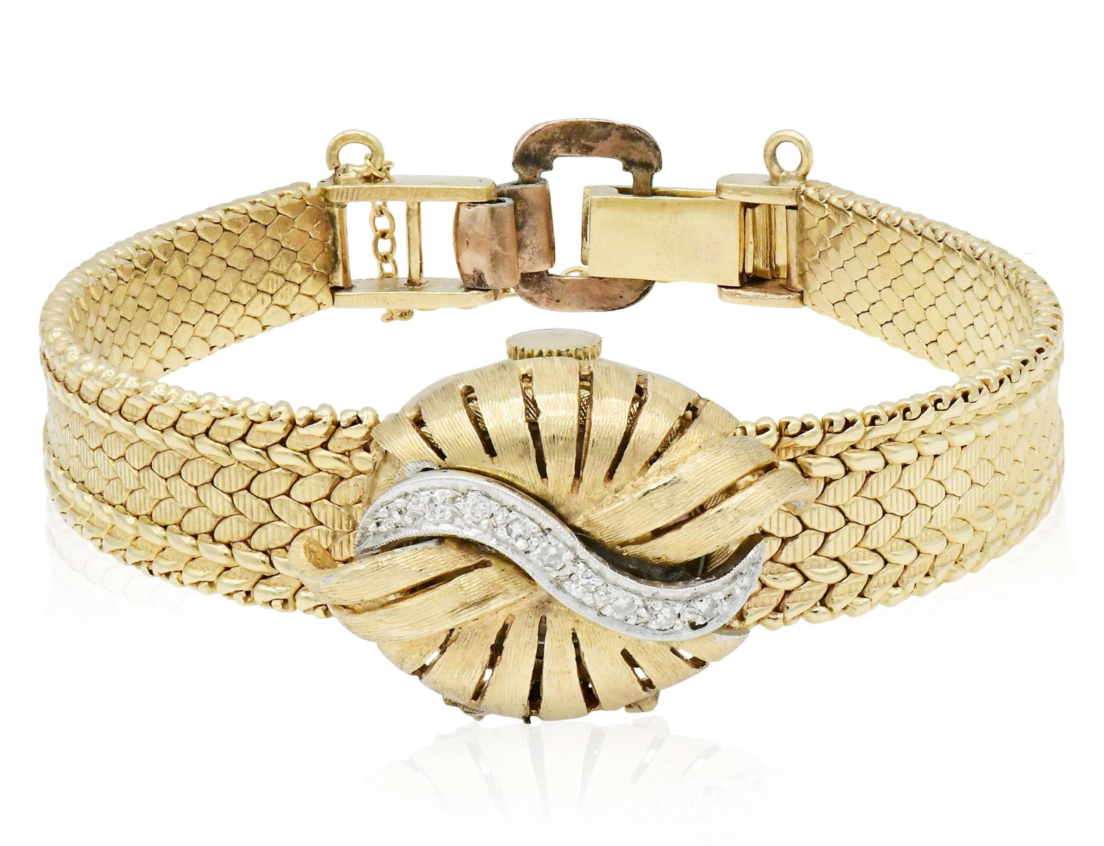 Geneve 14K Yellow Gold & Diamond Bracelet Watch: Geneve 14K Yellow Gold & Diamond Bracelet Watch Case Material: 14K yellow gold Case Dimensions: 25 x 17 mm Dial: silvered, baton hands Movement: 17 jewels, unadjusted Band: 14K yellow gold Total Lengt