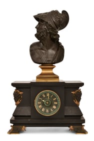 French Bronze & Slate Mantel Clock with Bust of Menelaus, King of Sparta