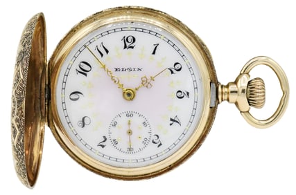 Elgin Hunter Case 14K Fancy Dial Pocket Watch, O Size