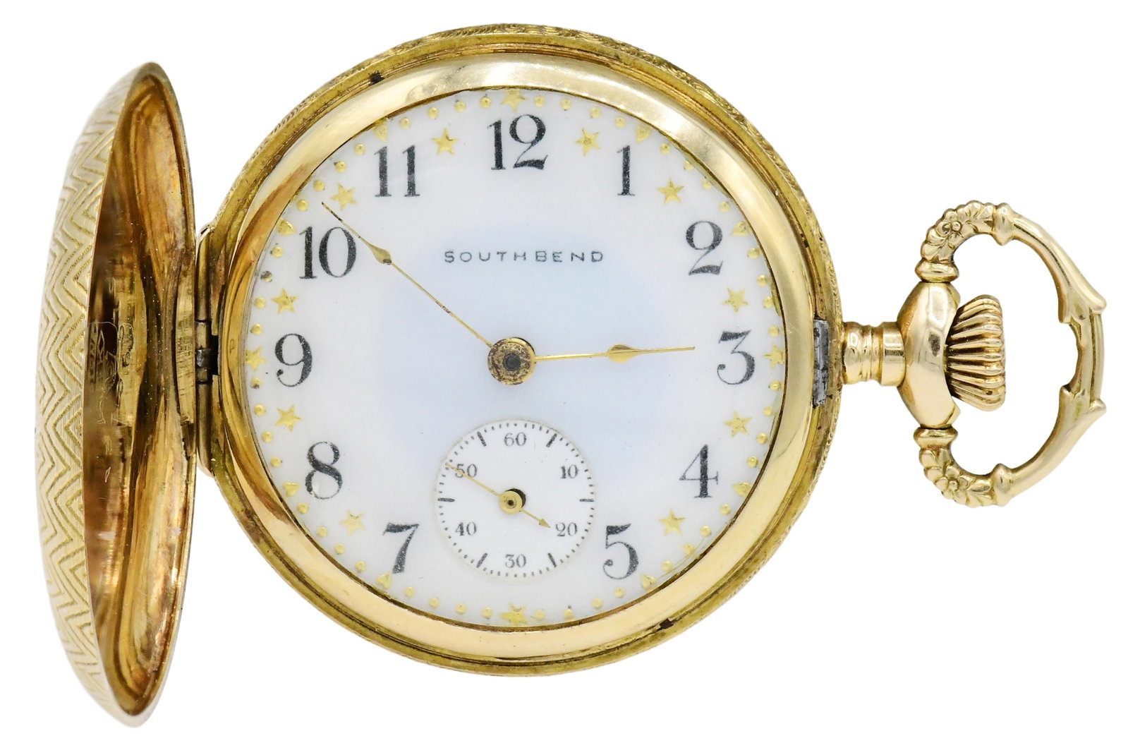 South Bend Hunting Case 14K "0" Size Fancy Dial Pocket Watch: South Bend Hunting Case 14K "0" Size Fancy Dial Pocket Watch Case: 14K Gold Case Diameter: 33mm Dial: fancy porcelain, sub-seconds Dial Marked: South Bend Movement Marked: firm's mark, 689761/110 15 J
