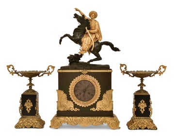 French Empire Gilt & Patinated Bronze Clock Garniture