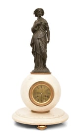 French Patinated Metal & Marble Figural Clock