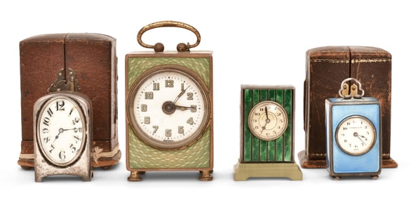 Lot of Four Guilloche & Sterling Silver Travel Clocks