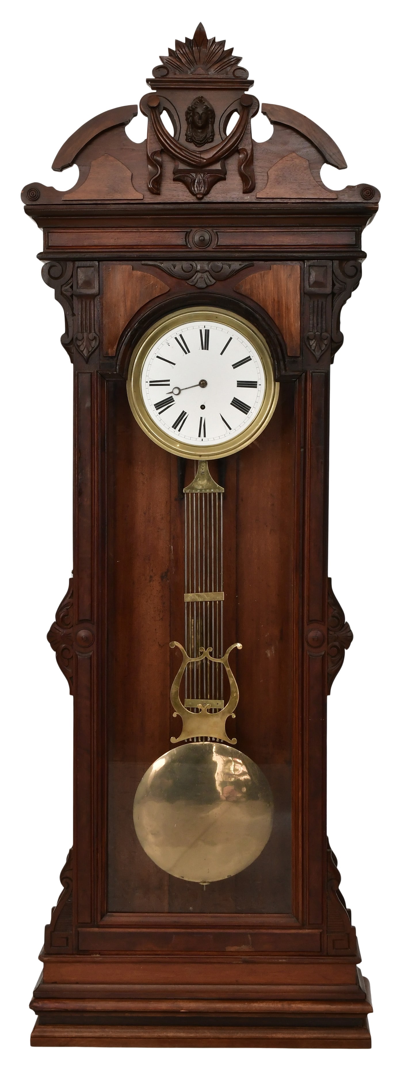 New Haven Clock Co. "Regulator No. 4" Jeweler's Wall Clock: New Haven Clock Co. "Regulator No. 4" Jeweler's Wall Clockcirca 1886walnut case, 8-day pinwheel escapement weight driven movement with lyre pendulum and sweep seconds, unsigned91 x 21 x 10 inchesProve
