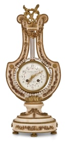 French Louis XVI-Style Gilt Bronze & Marble "Jeweled" Lyre Mantel Clock, Camerden & Foster, New York