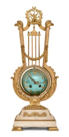 French Louis XVI-Style Gilt Bronze & Marble Lyre Mantel Clock