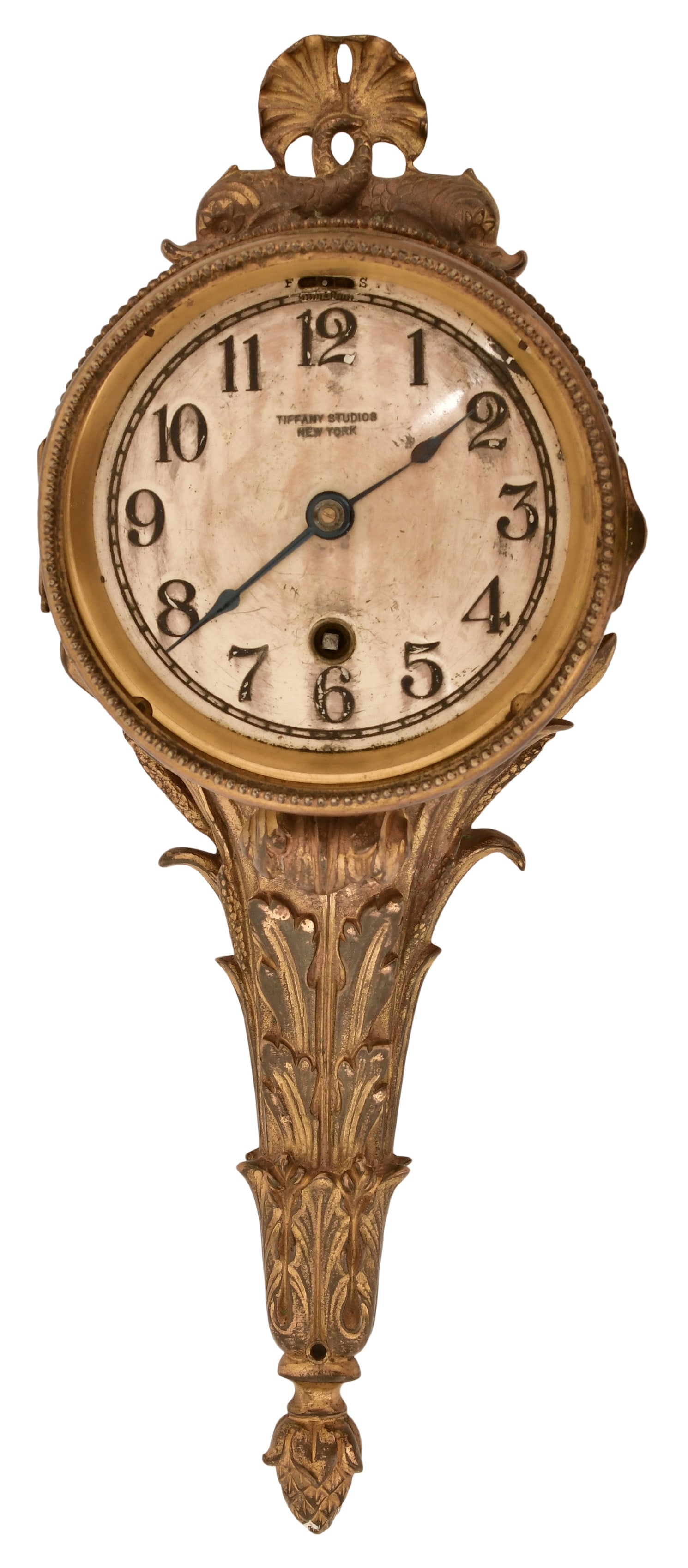 Tiffany Studios / Chelsea Clock Co. Gilt Bronze Wall Clock: Tiffany Studios / Chelsea Clock Co. Gilt Bronze Wall Clockearly 20th centurygilt bronze case surmounted by dolphins, 8-day brass spring driven time only model "E" movement with direct train escapement