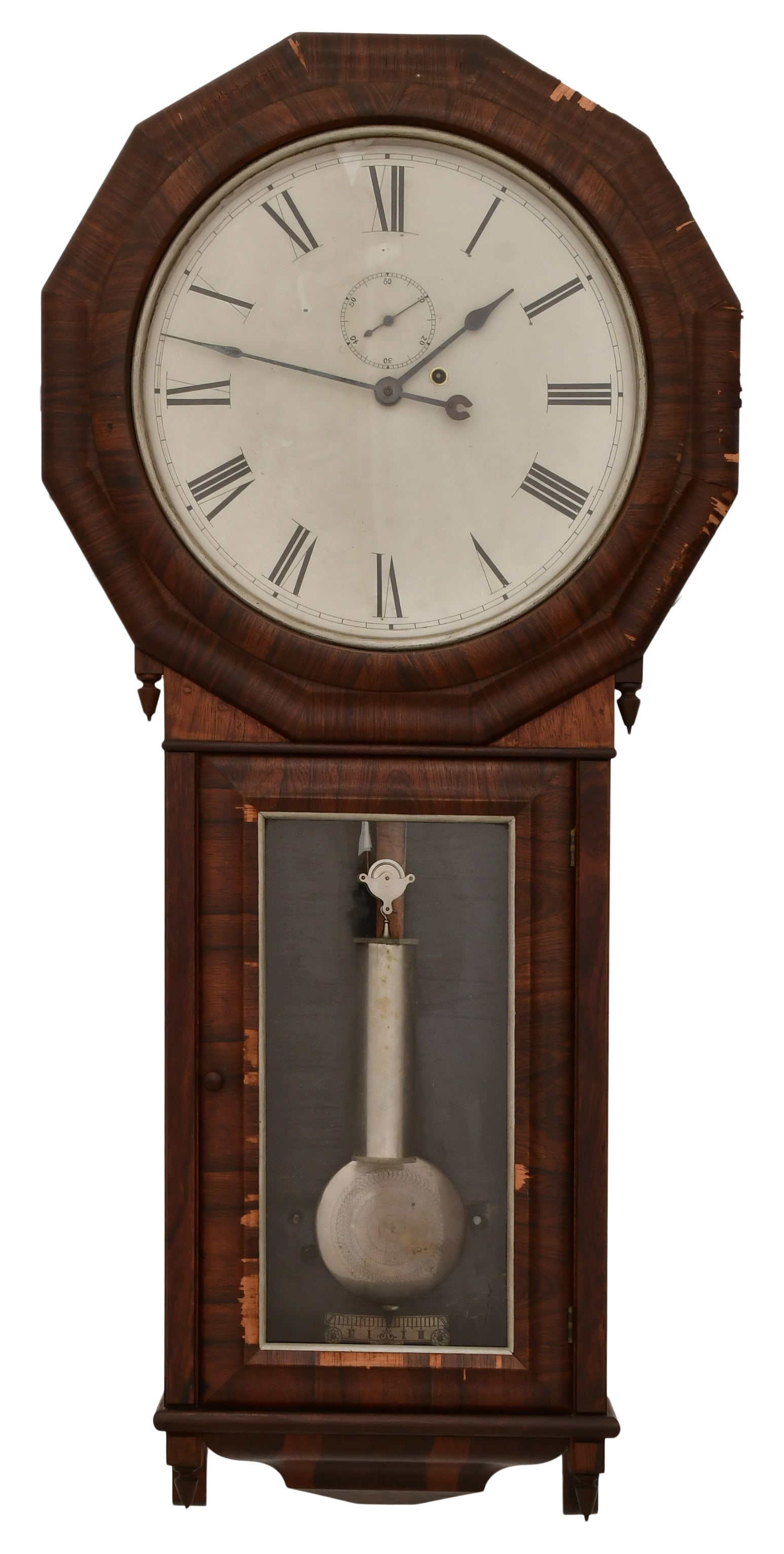 Seth Thomas "Regulator No. 3" Wall Clock: Seth Thomas "Regulator No. 3" Wall Clocklate 19th centuryrosewood veneered case, 8-day time only weight-driven movement with deadbeat escapement, signed on the dial and movement42 x 19 x 5 inchesProve