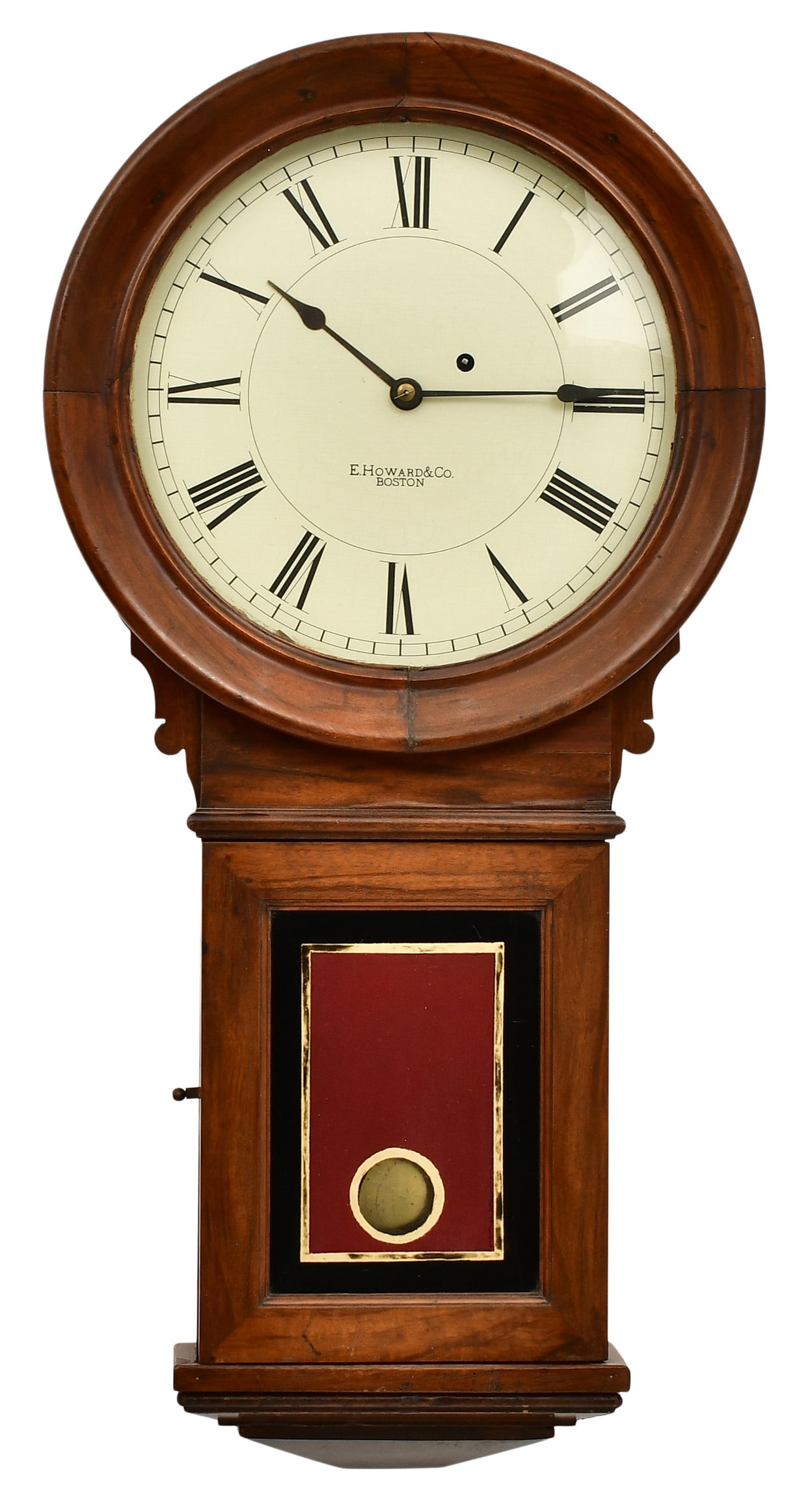 E. Howard & Co. "No. 70-12 Regulator" Wall Clock: E. Howard & Co. "No. 70-12 Regulator" Wall Clocklate 19th centurywalnut case with reverse painted glass, 8-day time only movement with anchor escapement, dial and movement marked "E. Howard & Co., Bos