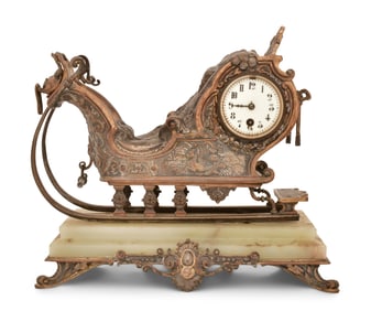 French Bronze & Onyx Sleigh Mantel Clock