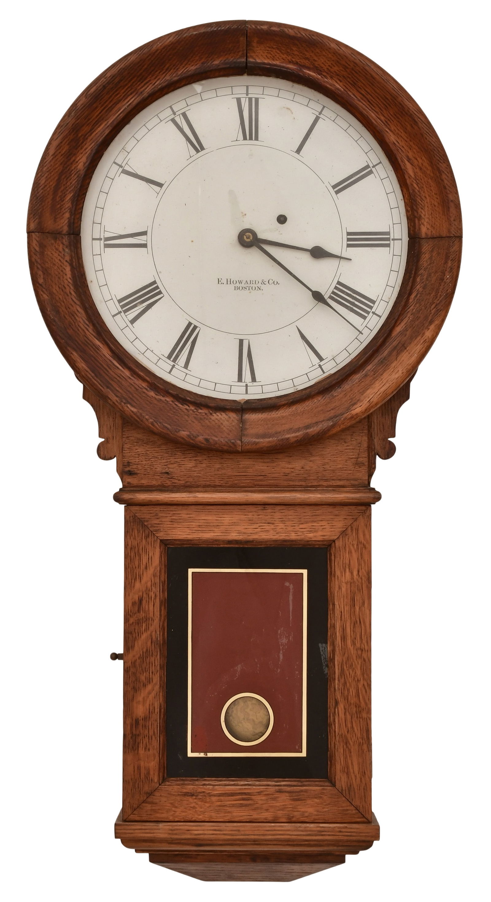 E. Howard & Co. "No. 70-12 Regulator" Wall Clock: E. Howard & Co. "No. 70-12 Regulator" Wall Clocklate 19th centuryoak case with reverse painted glass, 8-day time only movement with anchor escapement, dial and movement marked "E. Howard & Co., Boston