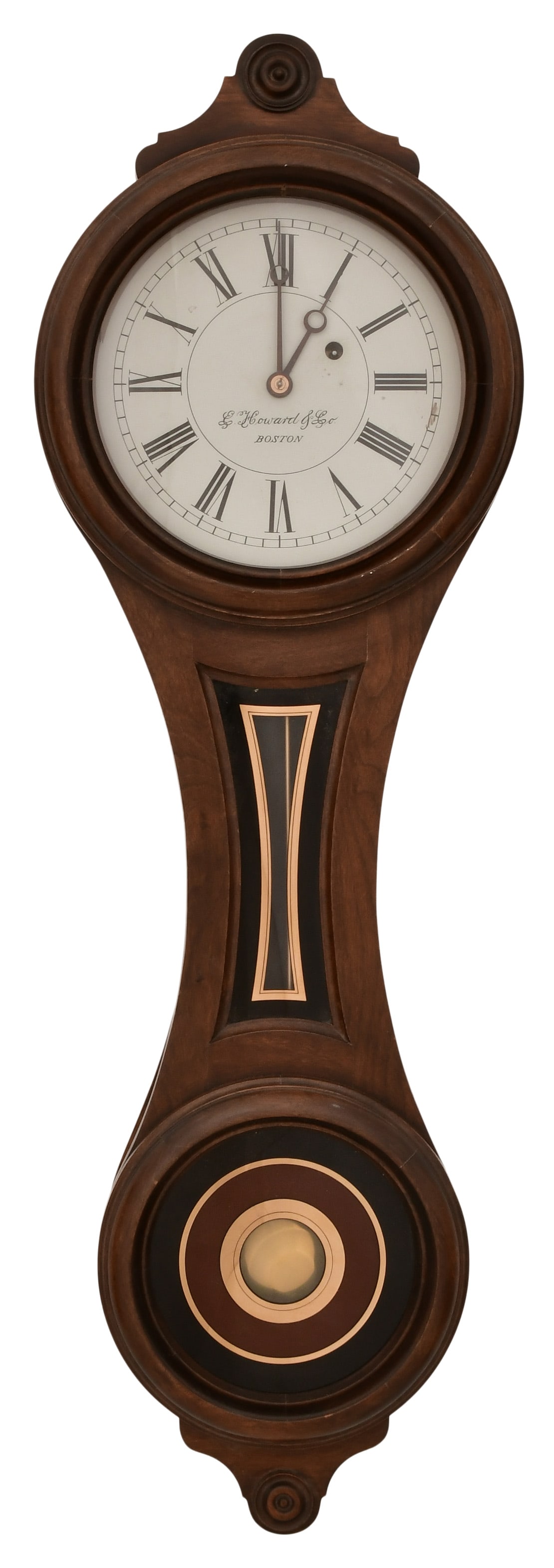 Reissue E. Howard & Co. No. 10 "Figure Eight" Wall Clock: Reissue E. Howard & Co. No. 10 "Figure Eight" Wall Clockcirca 1976walnut case with gold and black glasses, brass 8-day weight-driven time-only movement, dial and movement marked "E. Howard & Co., Bost