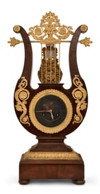 French Gilt Bronze & Mahogany Lyre Clock with Suspended Pendulum