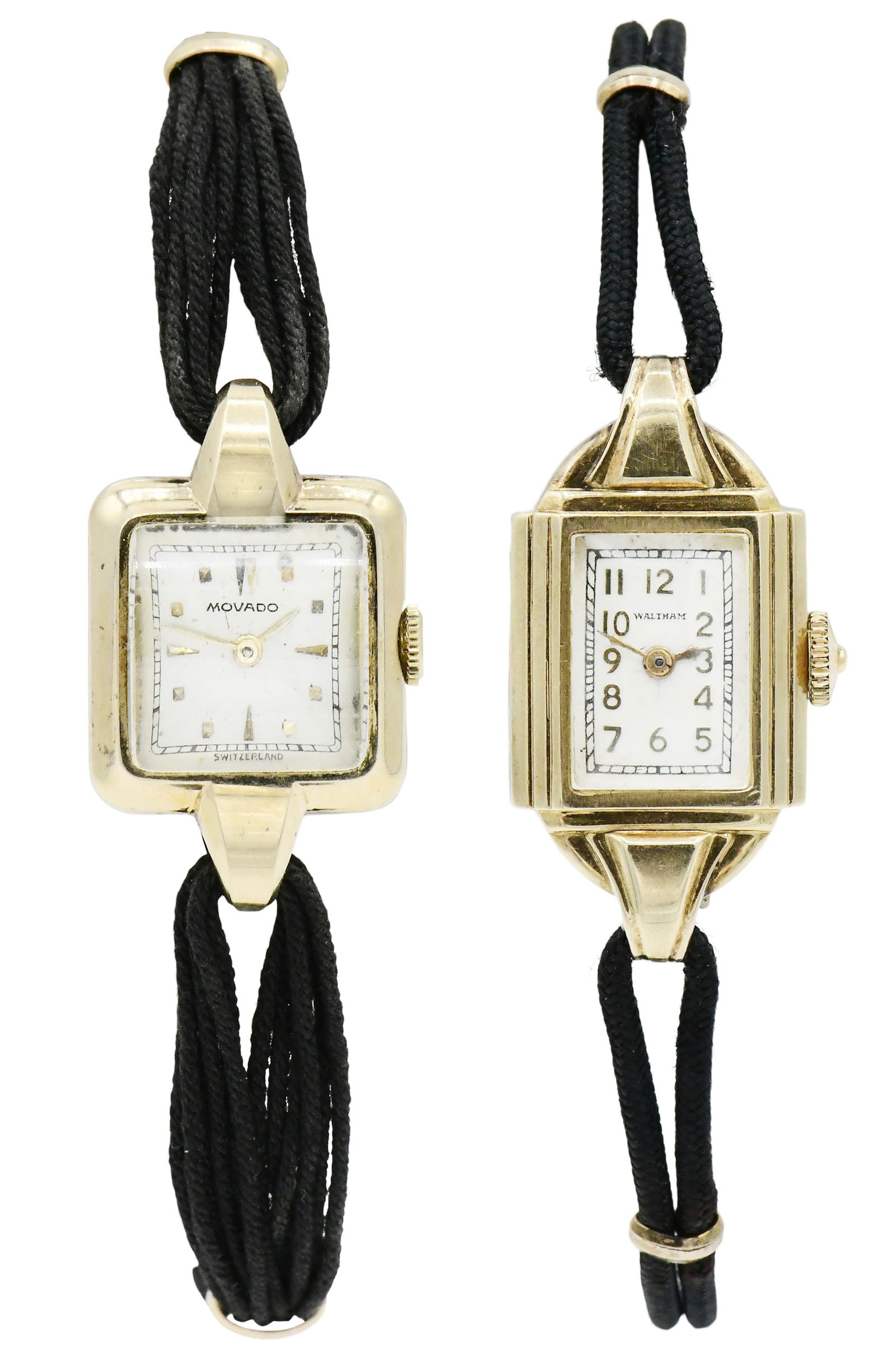 Two 14K Yellow Gold Wristwatches: Two 14K Yellow Gold Wristwatches• Movado 14K Yellow Gold WristwatchCase Material: 14K yellow goldCase Dimensions: 30 x 18 mmDial: silvered, baton handsMovement: 17 jewels, unadjustedSigned: case