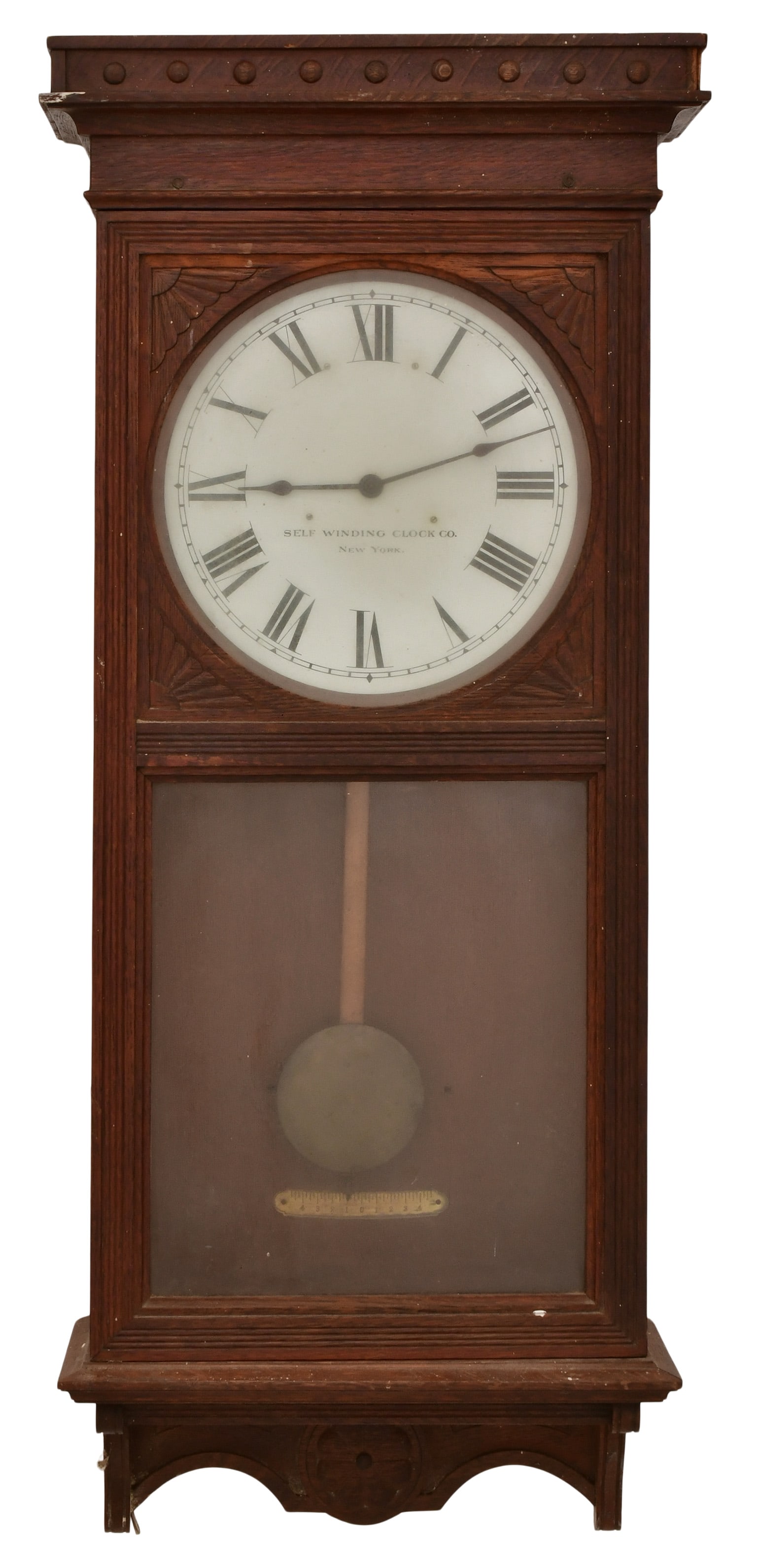 Self Winding Clock Co. No. 18 Wall Regulator: Self Winding Clock Co. No. 18 Wall Regulatoroak case with painted 12-inch roman numeral dial, type "F" synchronized battery wind movement with Graham deadbeat escapement, signed on the dial and moveme