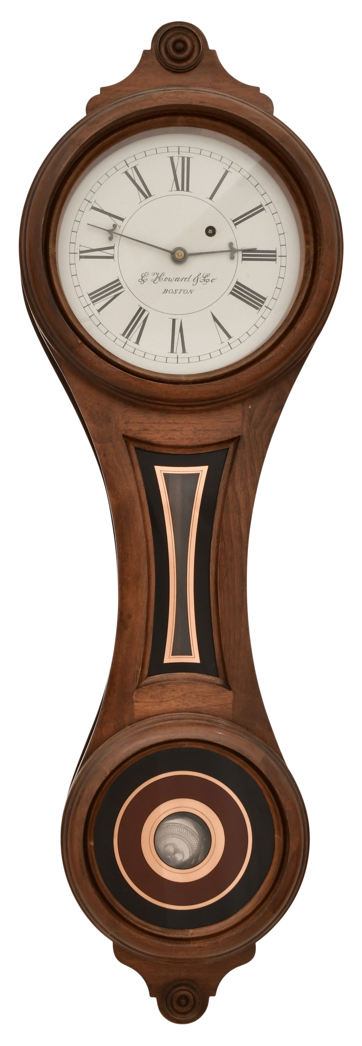 E. Howard & Co. Style No. 10 "Figure Eight" Wall Clock: E. Howard & Co. Style No. 10 "Figure Eight" Wall Clocklate 20th centurymahogany case, 8-day brass time only weight driven movement with cast iron mounting bracket, movement unsigned, spurious E. Howar