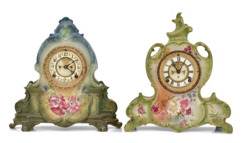Two Ansonia Clock Co. Royal Bonn Porcelain Mantel Clocks