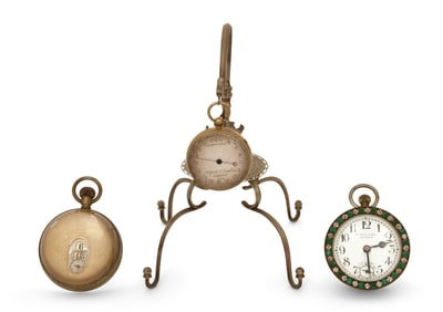 Lot of Two Glass Ball Clocks (One Jump-Hour) and Pocket Barometer with Stand