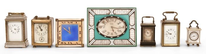 Lot of Seven Miniature Carriage and Desk Clocks