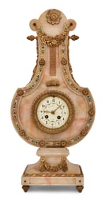 French Gilt Bronze, Champlevé & Onyx Lyre Mantel Clock