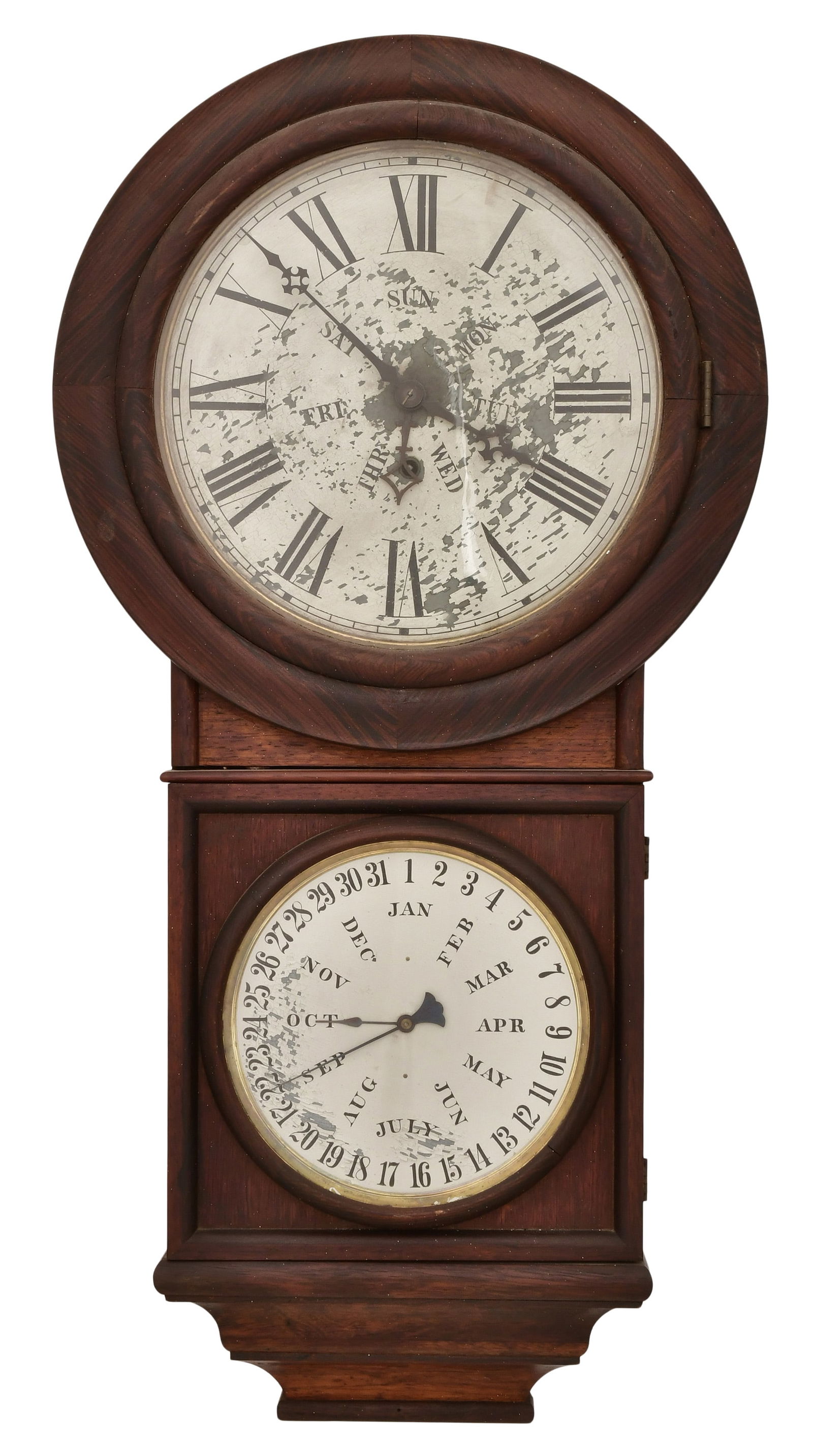 Welch, Spring & Co. "Round Head Regulator No. 4" Calendar Wall Clock: Welch, Spring & Co. "Round Head Regulator No. 4" Calendar Wall Clocklate 19th centuryrosewood veneer case, brass 8-day spring-driven time only movement with detached B.B. Lewis patent calendar mechani