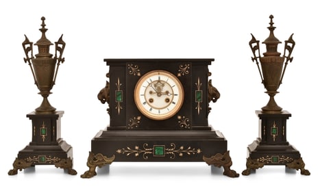French Slate & Bronze Three-Piece Clock Garniture