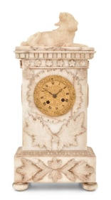 French Alabaster Silk Thread Mantel Clock with Dog